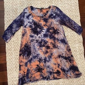 Blue tie dyed 3/4 sleeve dress long tunic